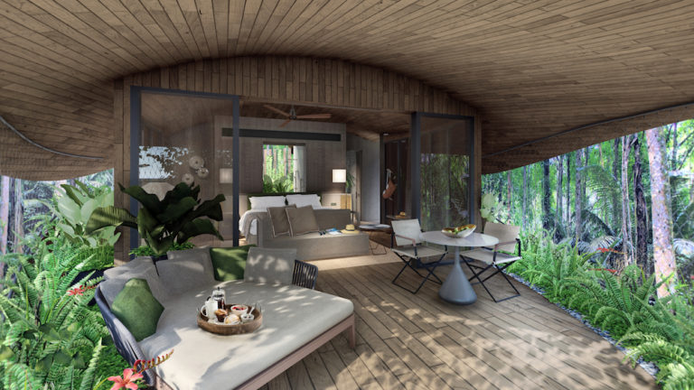 Interior illustration of a treehouse room. Image courtesy of Mandai Park Holdings